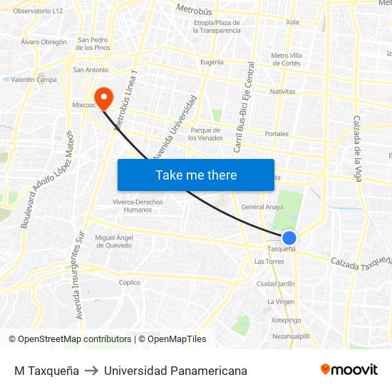 M Taxqueña to Universidad Panamericana map