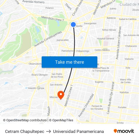 Cetram Chapultepec to Universidad Panamericana map