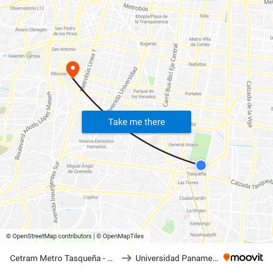 Cetram Metro Tasqueña - Anden A to Universidad Panamericana map