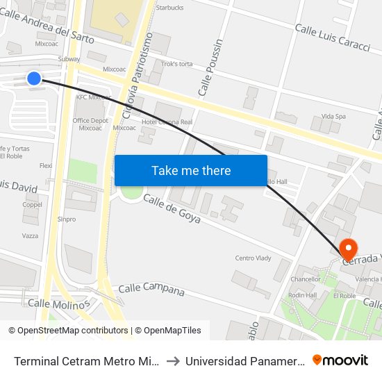 Terminal Cetram Metro Mixcoac to Universidad Panamericana map