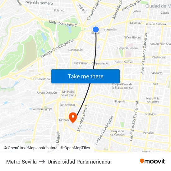 Metro Sevilla to Universidad Panamericana map