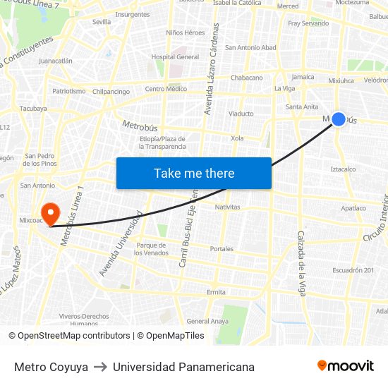 Metro Coyuya to Universidad Panamericana map