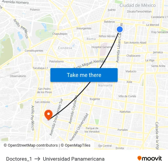 Doctores_1 to Universidad Panamericana map