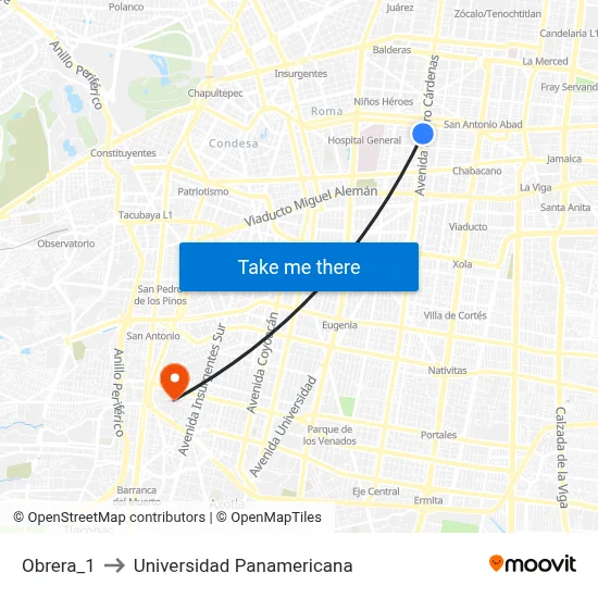 Obrera_1 to Universidad Panamericana map