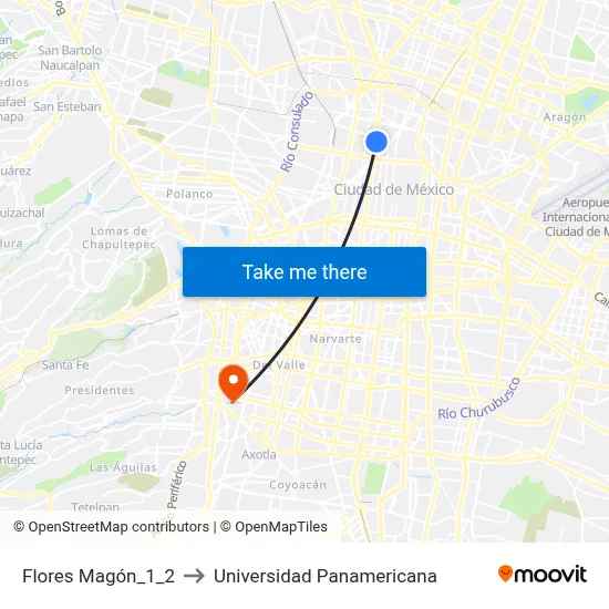 Flores Magón_1_2 to Universidad Panamericana map