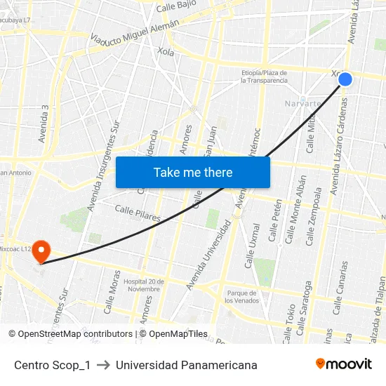 Centro Scop_1 to Universidad Panamericana map