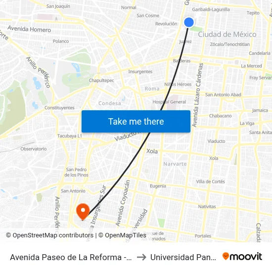 Avenida Paseo de La Reforma - Metro Hidalgo_1 to Universidad Panamericana map