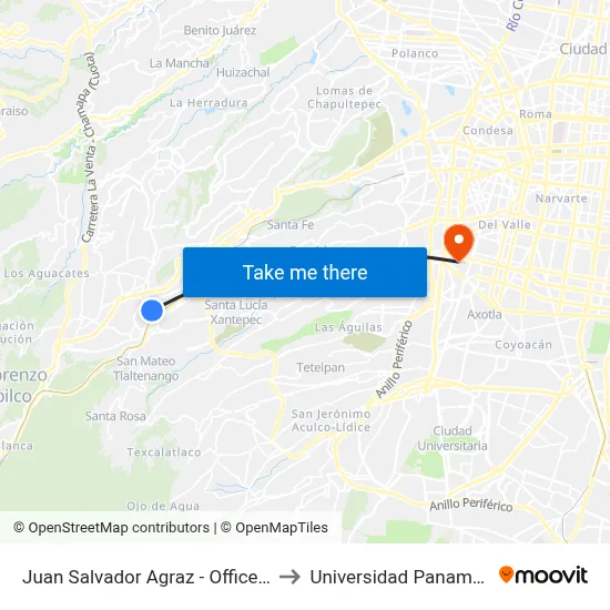 Juan Salvador Agraz - Office Depot_1 to Universidad Panamericana map