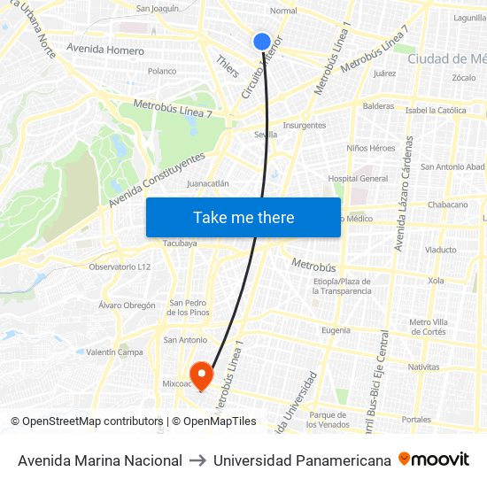 Avenida Marina Nacional to Universidad Panamericana map