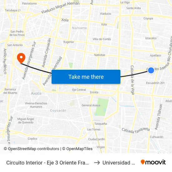 Circuito Interior - Eje 3 Oriente Francisco del Paso Y Troncoso _1 to Universidad Panamericana map