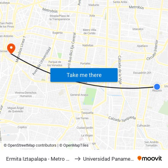 Ermita Iztapalapa - Metro Atlalilco to Universidad Panamericana map