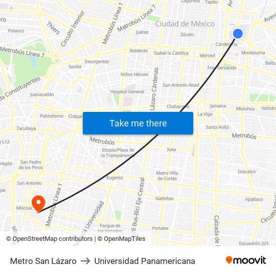 Metro San Lázaro to Universidad Panamericana map