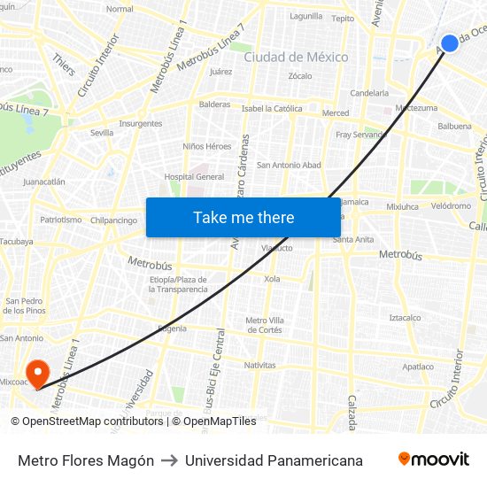 Metro Flores Magón to Universidad Panamericana map