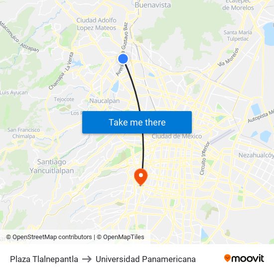 Plaza Tlalnepantla to Universidad Panamericana map