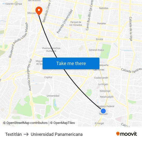 Textitlán to Universidad Panamericana map