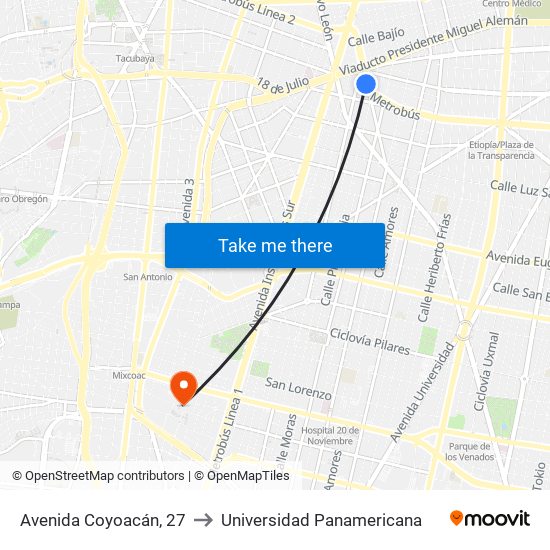 Avenida Coyoacán, 27 to Universidad Panamericana map