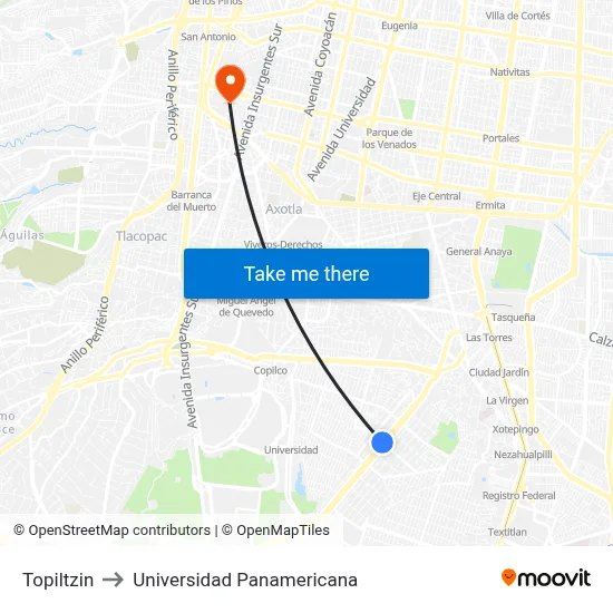 Topiltzin to Universidad Panamericana map