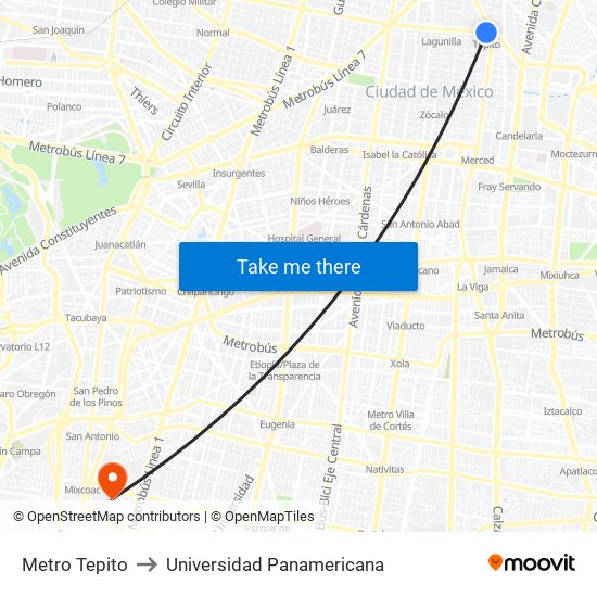 Metro Tepito to Universidad Panamericana map