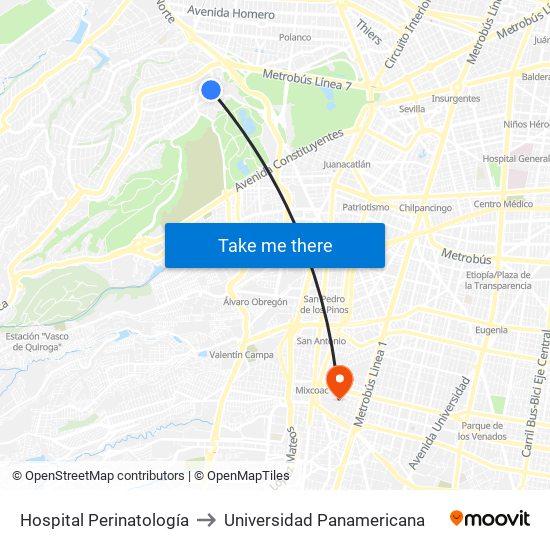 Hospital Perinatología to Universidad Panamericana map