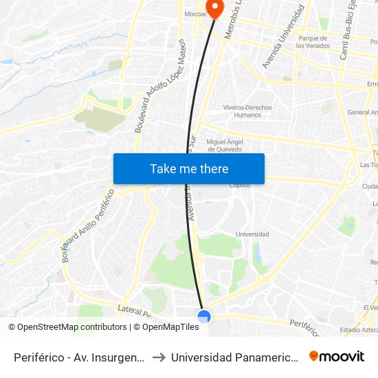 Periférico - Av. Insurgentes to Universidad Panamericana map