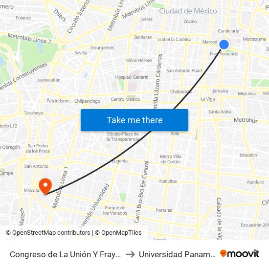 Congreso de La Unión Y Fray Servando to Universidad Panamericana map