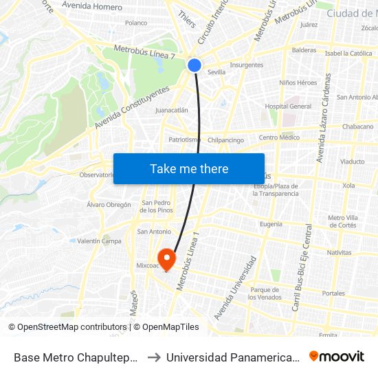 Base Metro Chapultepec to Universidad Panamericana map