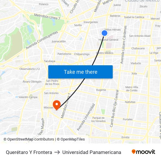 Querétaro Y Frontera to Universidad Panamericana map