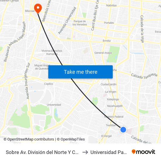 Sobre Av. División del Norte Y Calz. de Las Bombas to Universidad Panamericana map