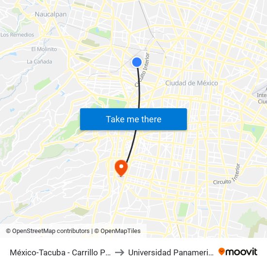 México-Tacuba - Carrillo Puerto to Universidad Panamericana map