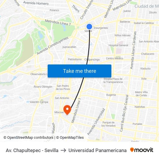 Av. Chapultepec - Sevilla to Universidad Panamericana map