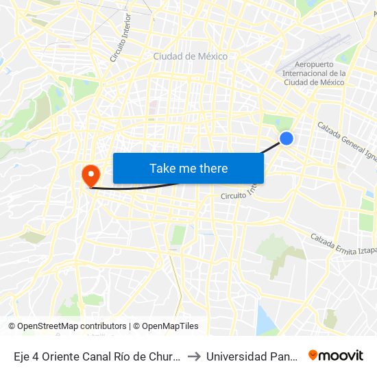 Eje 4 Oriente Canal Río de Churubusco - Sur 16 to Universidad Panamericana map