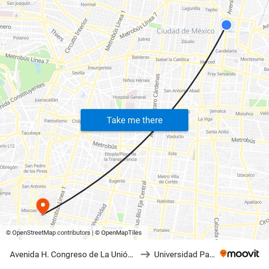 Avenida H. Congreso de La Unión - Héroes de Nacozari to Universidad Panamericana map