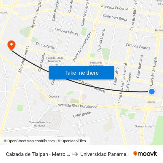 Calzada de Tlalpan - Metro Ermita to Universidad Panamericana map