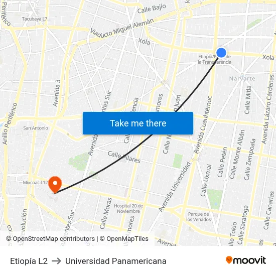 Etiopía L2 to Universidad Panamericana map