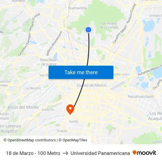 18 de Marzo - 100 Metro to Universidad Panamericana map
