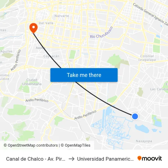 Canal de Chalco - Av. Piraña to Universidad Panamericana map