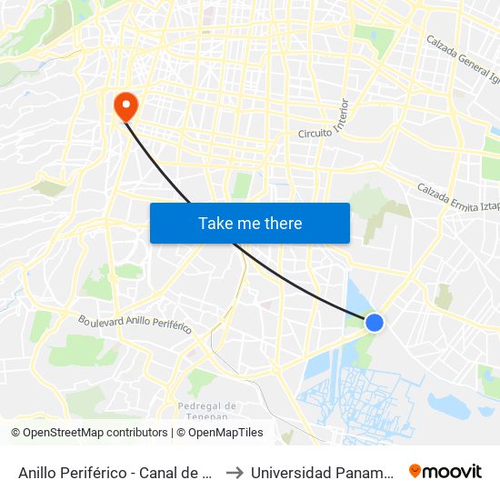 Anillo Periférico - Canal de Chalco 1 to Universidad Panamericana map