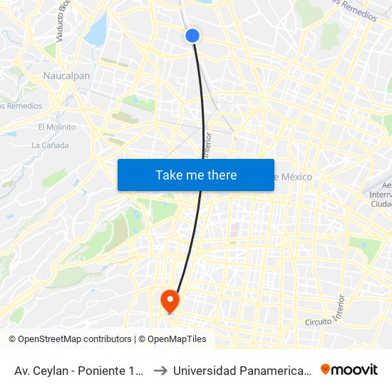 Av. Ceylan - Poniente 140 to Universidad Panamericana map