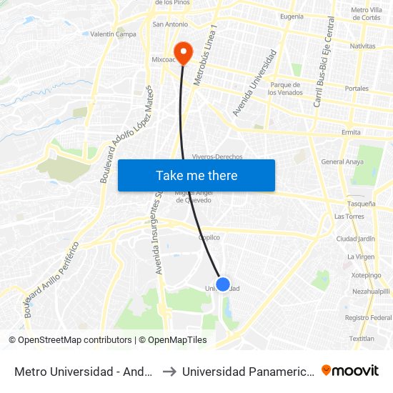 Metro Universidad - Anden B to Universidad Panamericana map