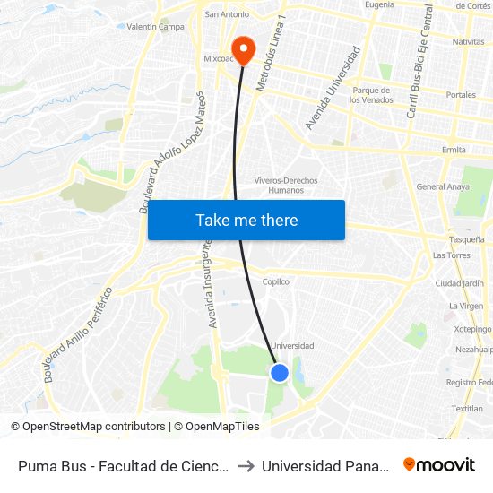 Puma Bus - Facultad de Ciencias Políticas to Universidad Panamericana map