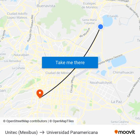 Unitec (Mexibus) to Universidad Panamericana map