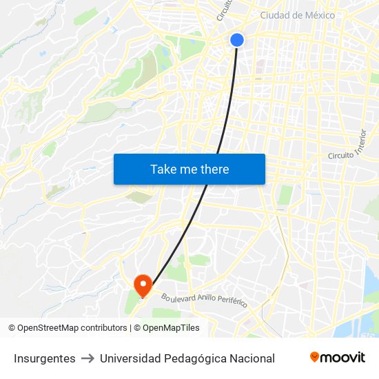 Insurgentes to Universidad Pedagógica Nacional map