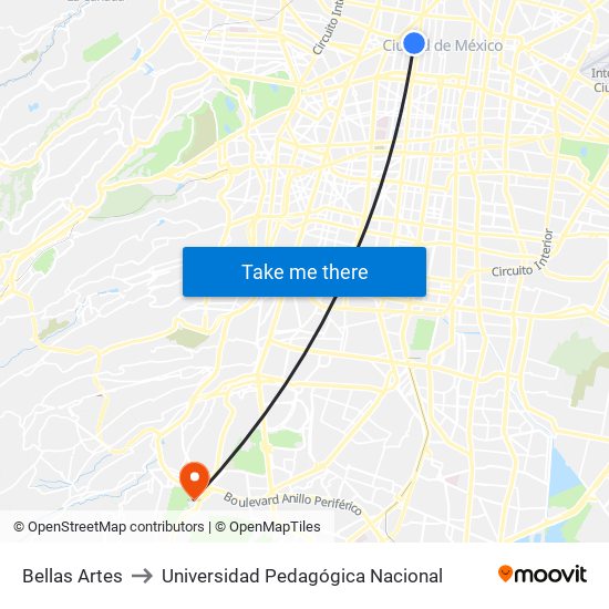 Bellas Artes to Universidad Pedagógica Nacional map