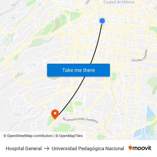 Hospital General to Universidad Pedagógica Nacional map