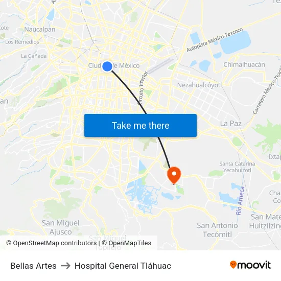 Bellas Artes to Hospital General Tláhuac map