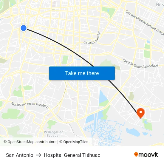 San Antonio to Hospital General Tláhuac map