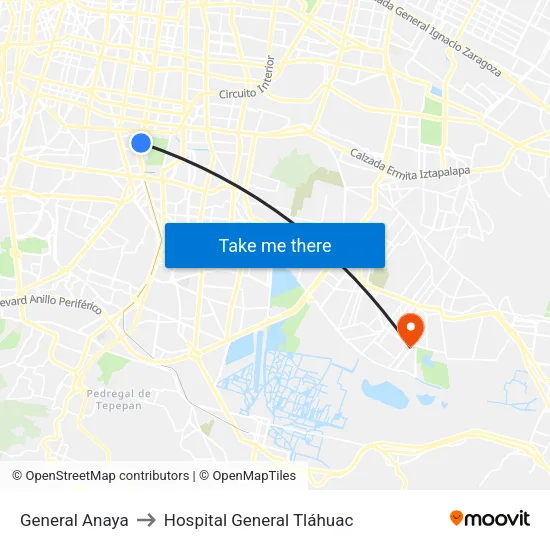 General Anaya to Hospital General Tláhuac map