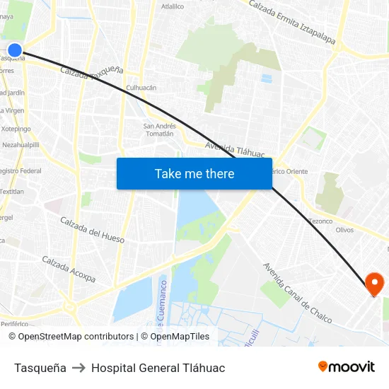 Tasqueña to Hospital General Tláhuac map