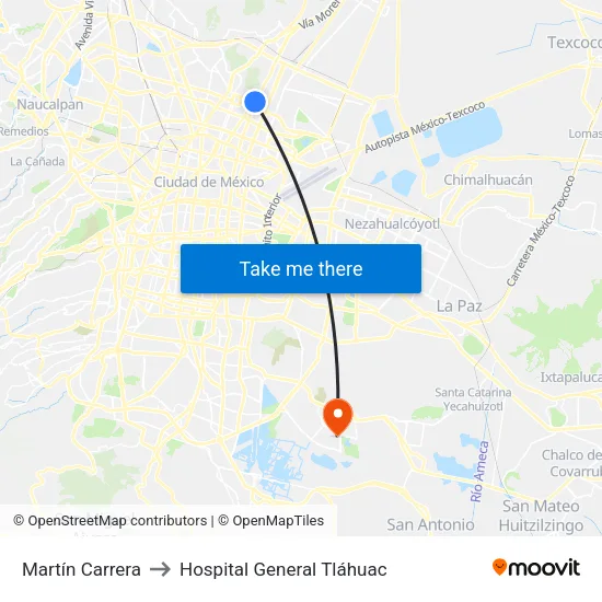 Martín Carrera to Hospital General Tláhuac map