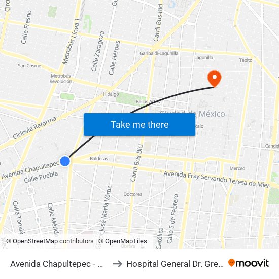 Avenida Chapultepec - Metro Cuauhtémoc to Hospital General Dr. Gregorio Salas Flores map